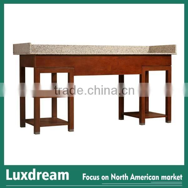 ADA hotel bathroom vanity with wood shelf