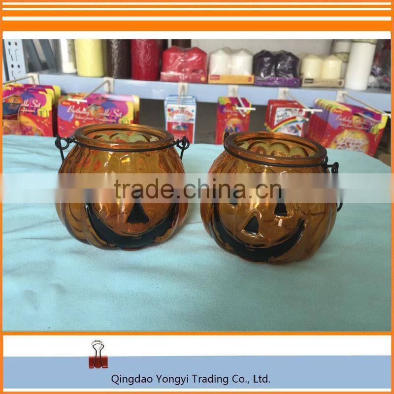 Halloween Pumpkin Yellow Glass Jar Candle For Decoration