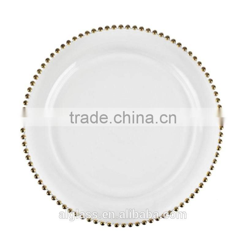 Wholesale Cheap Wedding Clear Gold beaded Glass Charger Plates