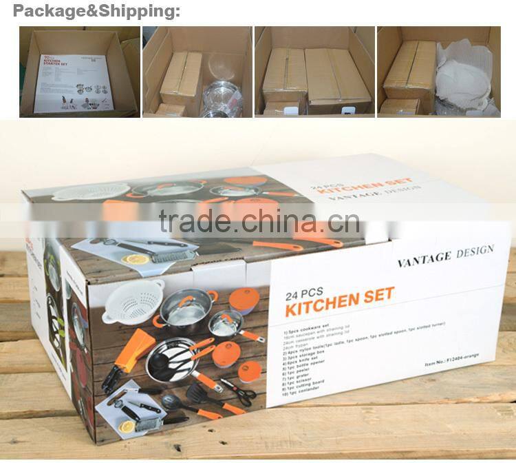 24pcs stainless steel with silicone handle kitchen set/home kitchen pan sets