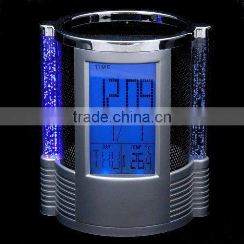 Digital LCD Desk ALarm Clock & Mesh Pen Holder Pens Rulers Office Tidy LED Light