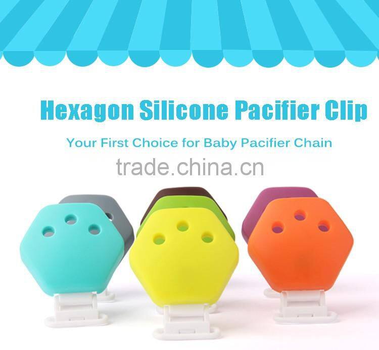New design colorful hexagon baby pacifier chain clamp silicone gel