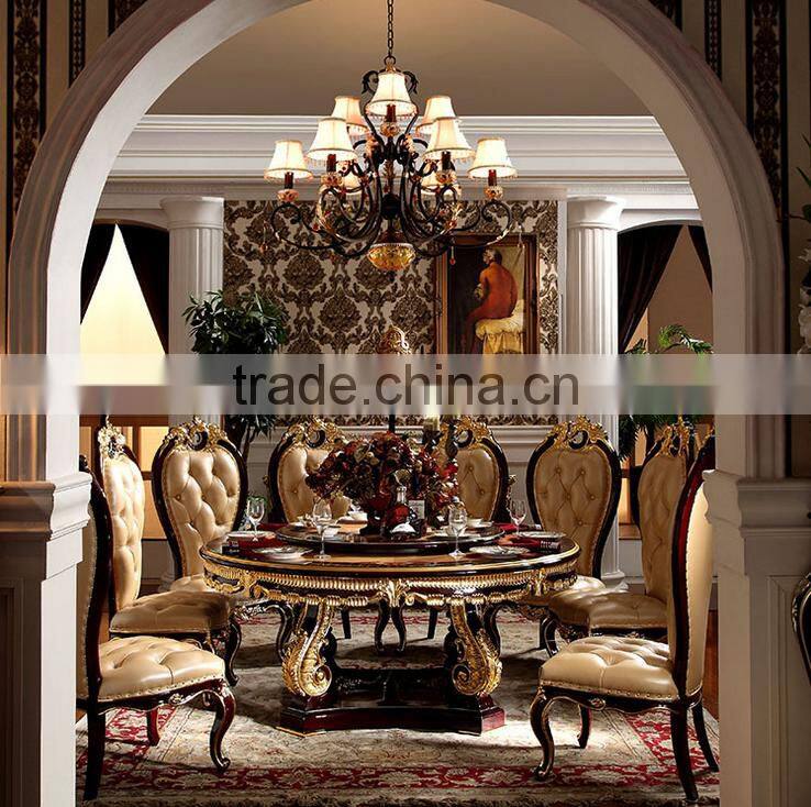Neoclassical luxury solid wood hand carved dining room furniture gold color lazy susan round dining table