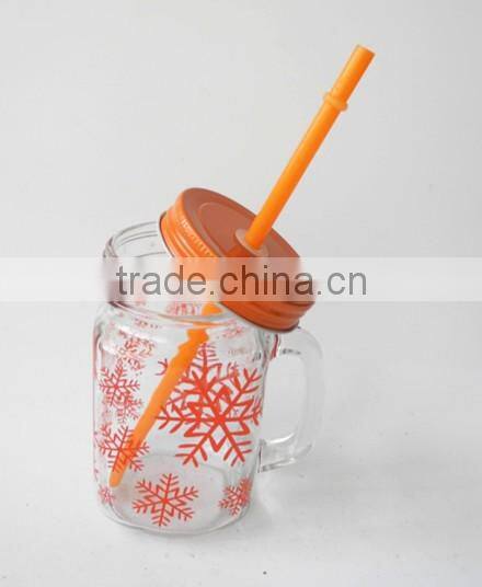 hot sale snowflake surface handling glass cold drink jar with straw