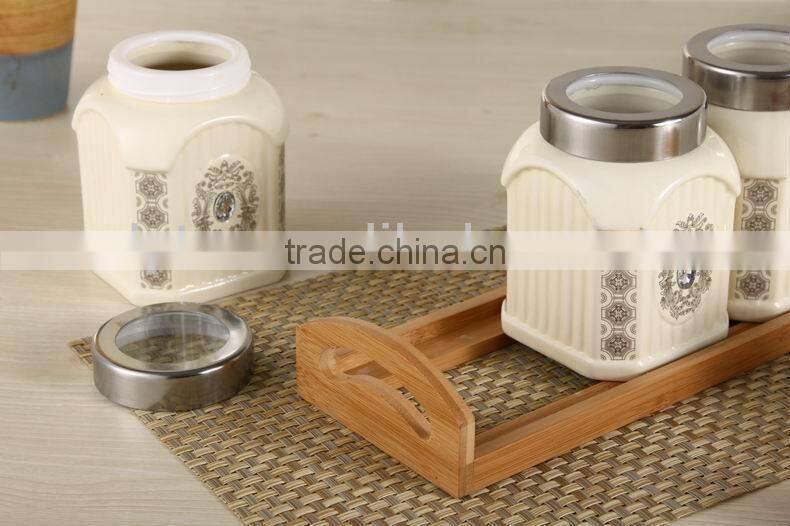 3pcs Ceramic canister set with wooden stand