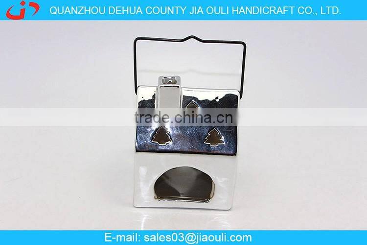plating silver ceramic house shape hurricane lamp for decoration