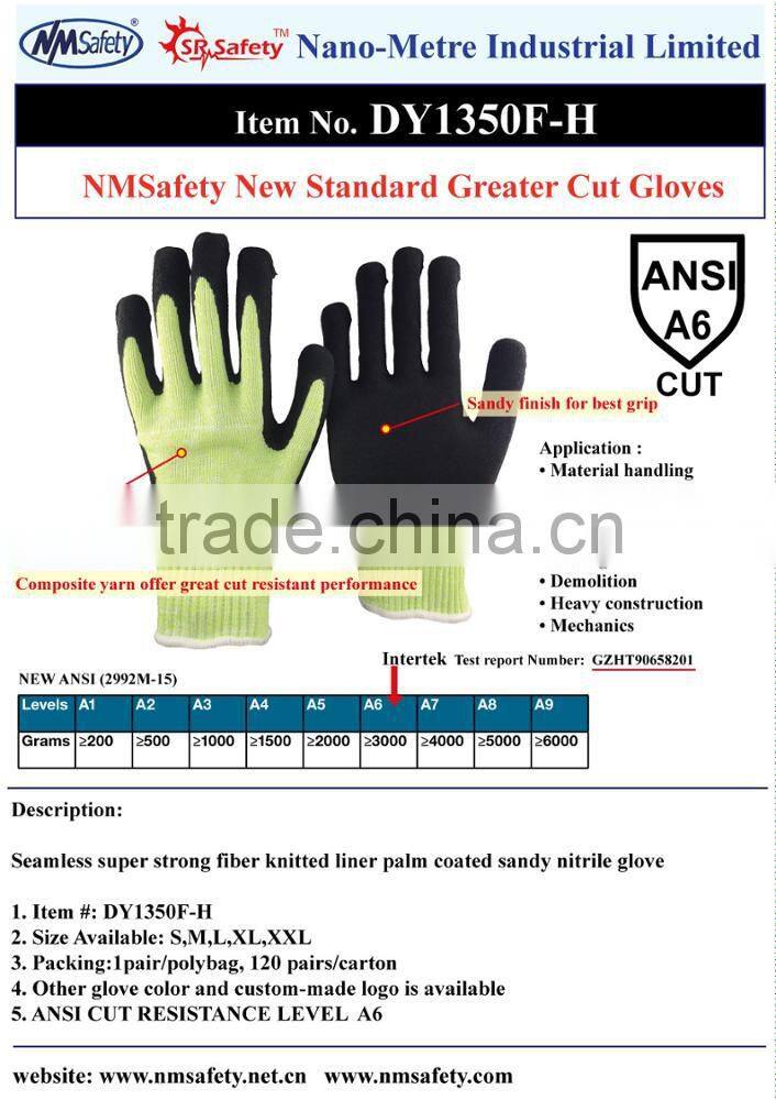 NMsafety Nylon and Hppe and Steel Fiber Palm Sandy Nitrile ANSI 6 Cut Resistant Mechanical Work Gloves