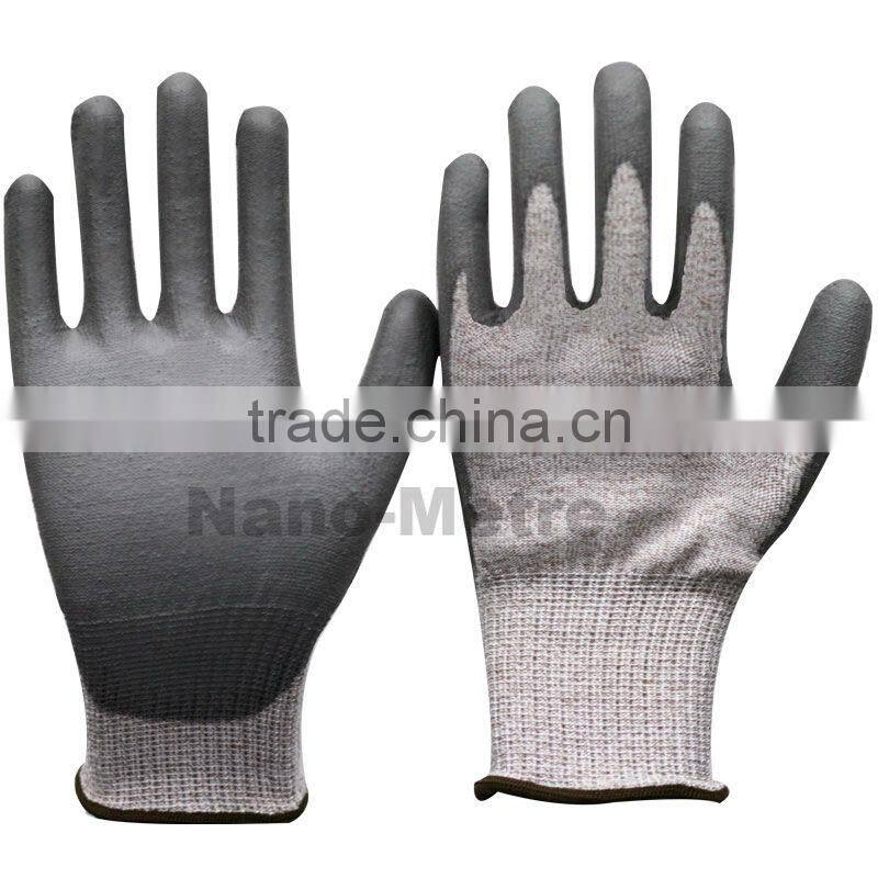 NMSAFETY Nylon and white glassfibre and UHMWPE PU glove dipping on palm protective gloves /cut resistant gloves level 5 for sale