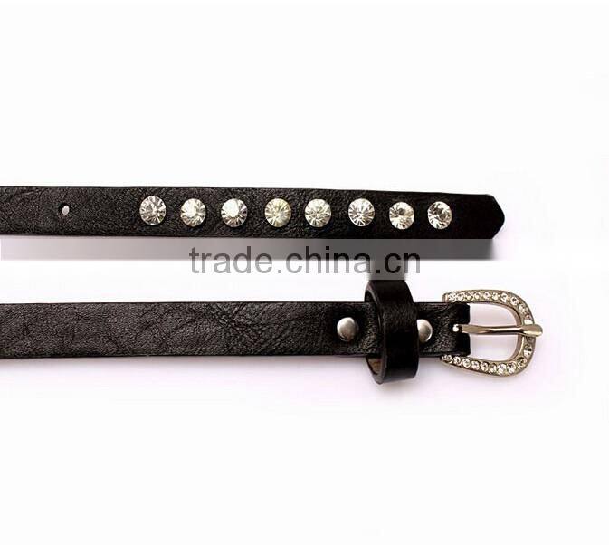 Fashion rhinestone decorated pin buckle sex girl black thin PU waist belt