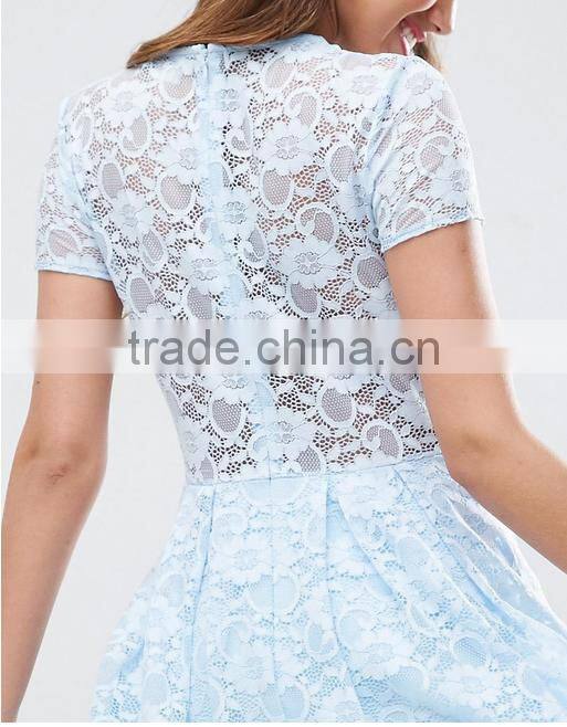 Guangzhou clothing OEM Blue Pleated Skirt Lace Mini T-Shirt Dress