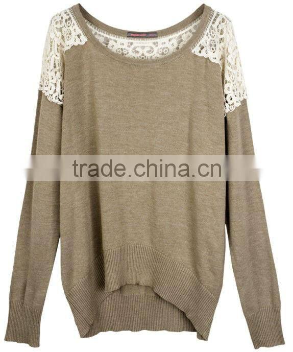OEM ladies fashion O-neck lace mixed woman kint sweater