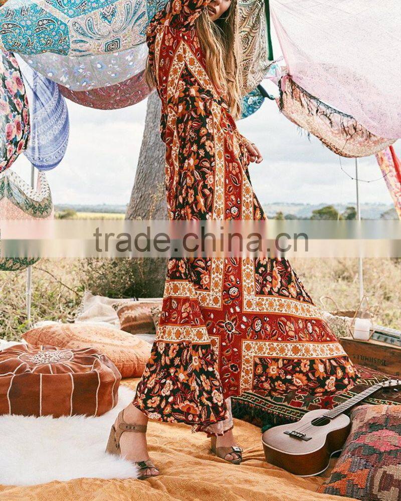 Bohemian Front Button Down Vintage Long Sleeve One Piece Maxi Dress HSd5170