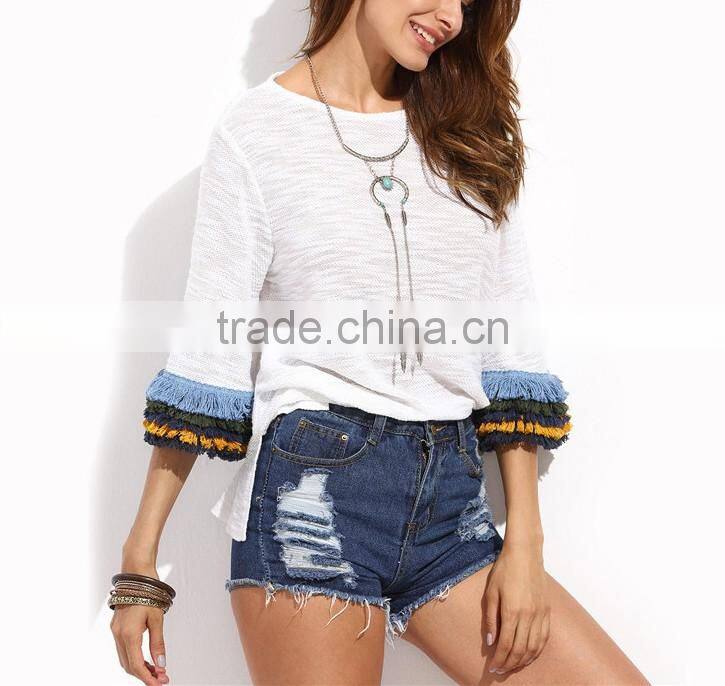 Womens Casual Clothing Summer T shirt Tops Ladies Fringe Cuff Half Flare Sleeve T-shirt