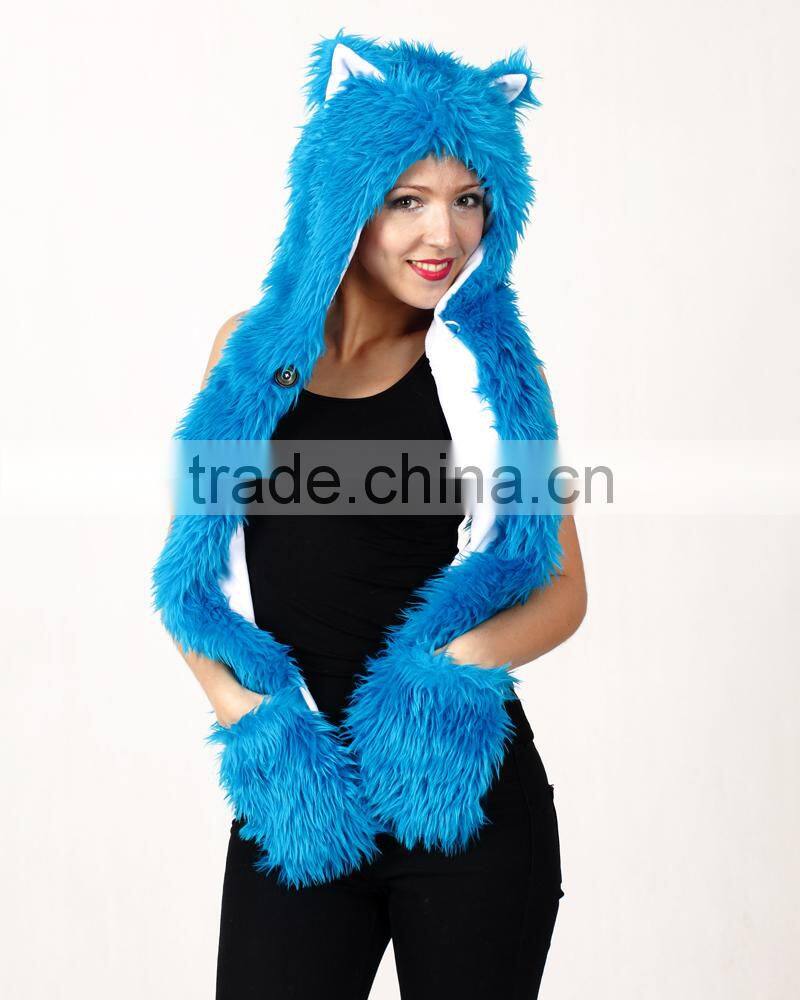 Wholesale Custom Long Scarf Mittens Faux Fur Wolf Head Animal Ears Hat