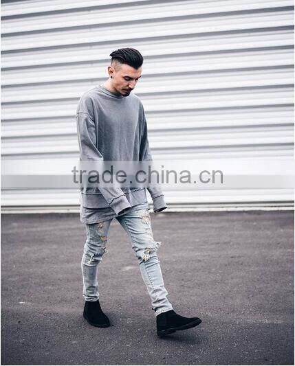 High quality streetwear classic loose hanging shoulder joker fleece/old damage flash head long sleeved fleece for male