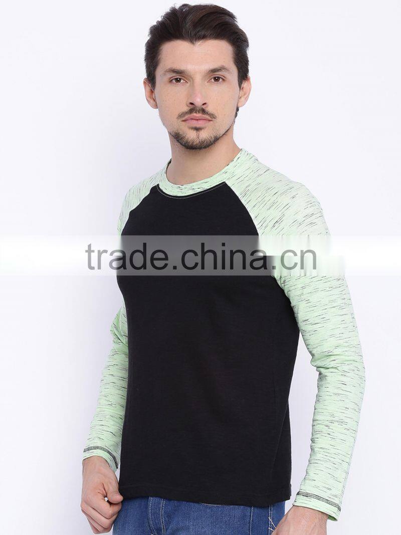 Men Black Sea Green Round Neck Train T-Shirt Self-Design Waist Length Long Raglan Sleeves Outfit Custom Cotton Polyester