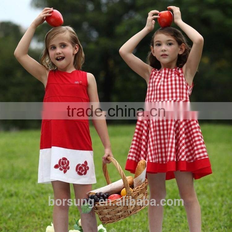 2015 Children Cotton Frock Designs Red Plaid Sleeveless Summer Dress For Kids Flower Girls Party Prom Dress