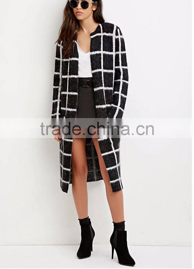 Women open front sleeved longline cardigan fashion allover grid long cardigan 2016