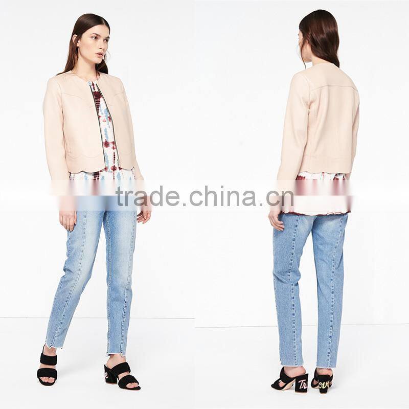 2017 newest simple style round neck wavy hem short leather jacket women