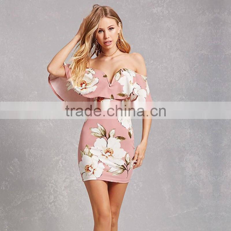 2017 splited neck and off-shoulder women printed sexy bandage dress