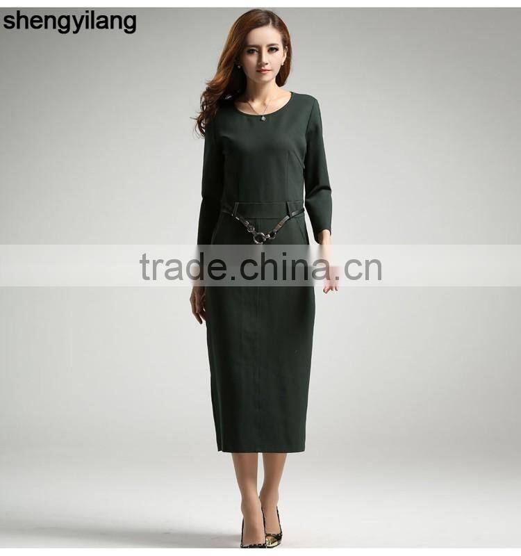 back split simple 3/4 sleeve long dress with belt