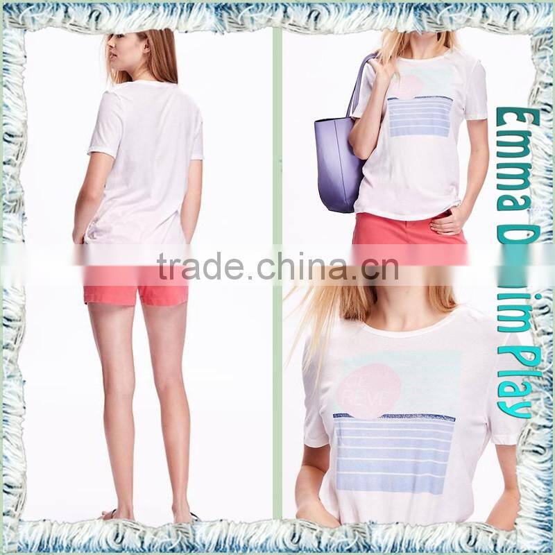 2016 Manufacturers China Ladies Sexy White Silk Printed Scoop Neck Cotton Tee Shirts