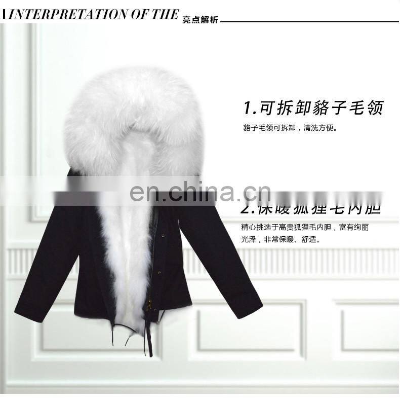 Fashion Women Black Jacket With Raccoon Collar And White Fox Fur Coat