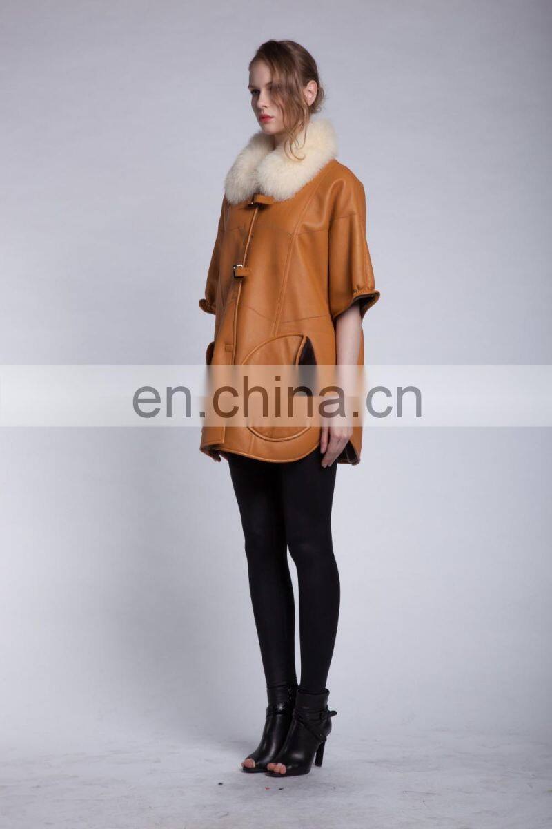 Winter Fur And Leather Overcoat Fox Fur Collar Sheepskin Fur Coat Cream Collar Lamb Fur Jacket