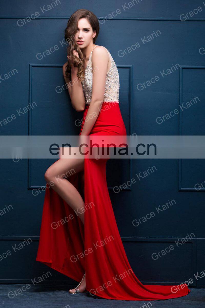 Grace Karin Women Sexy Backless V-Neck High-Split Shining Rhinestone Sequins Red Long Prom Dresses CL008914-1