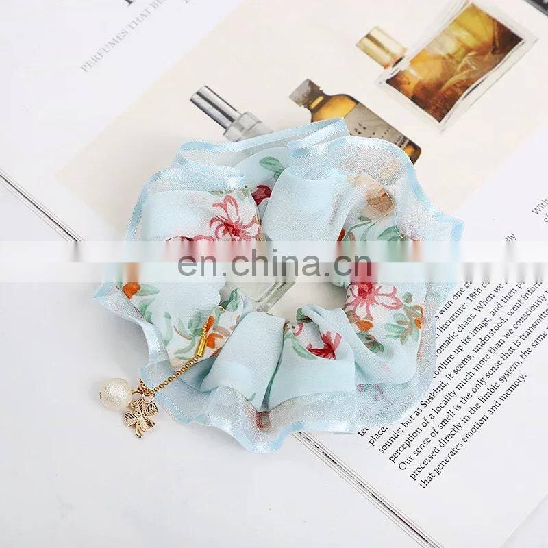 Ladies Winter Ruched Hair Rope Plain Color Imitation Pearl Pendant Charms Ponytail Holder Geometric Large Intestine Scrunchies