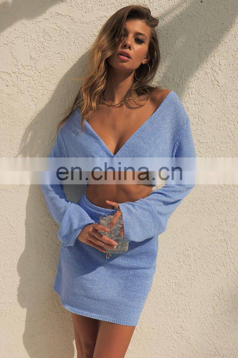 2021 Cross-border New Product Pure Color Women's Fashion Twisted Long Sleeve V-neck Sexy Top Drawstring Short Skirt Autumn Set