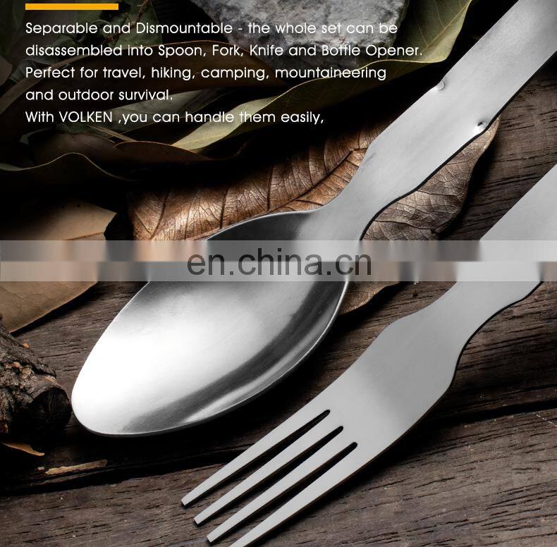 High Quality Outdoor Stainless Steel Camping Tableware 4 in 1 Portable Bottle Opener with Knife, Fork and Spoon