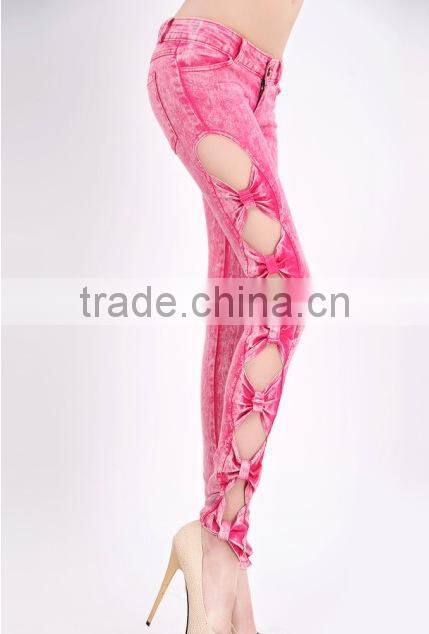 2016 Hot Sale Colored Bowknot Hollow-out design Women Skinny Denim Jeans