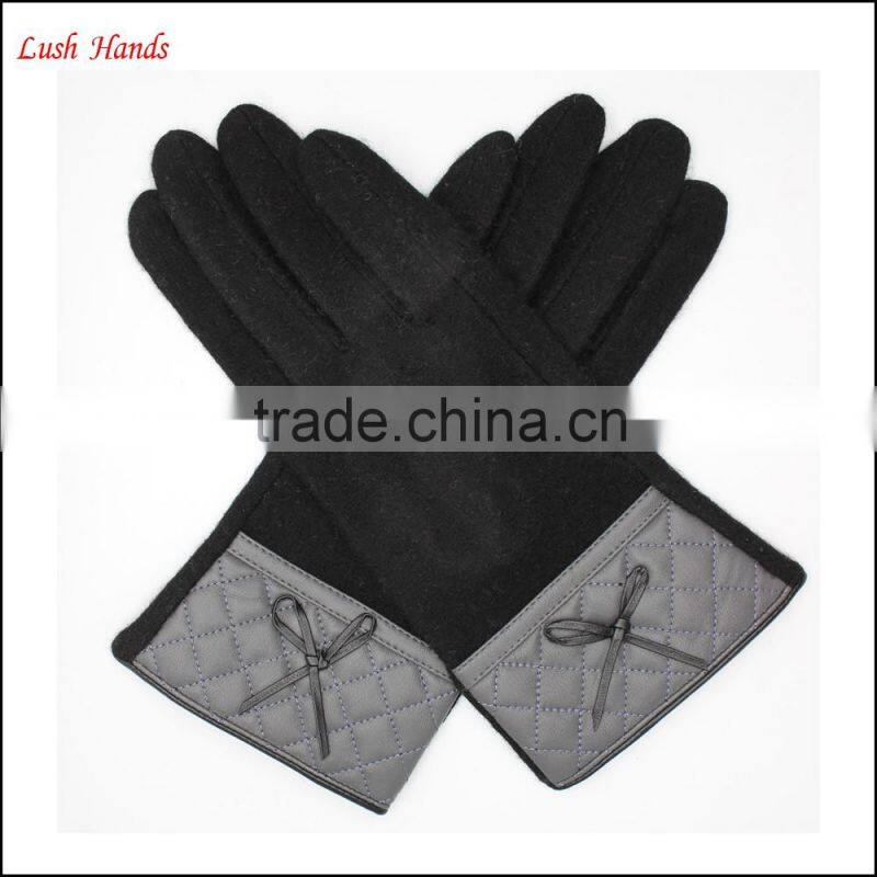 2016 new style woolen gloves with leather wrist for women