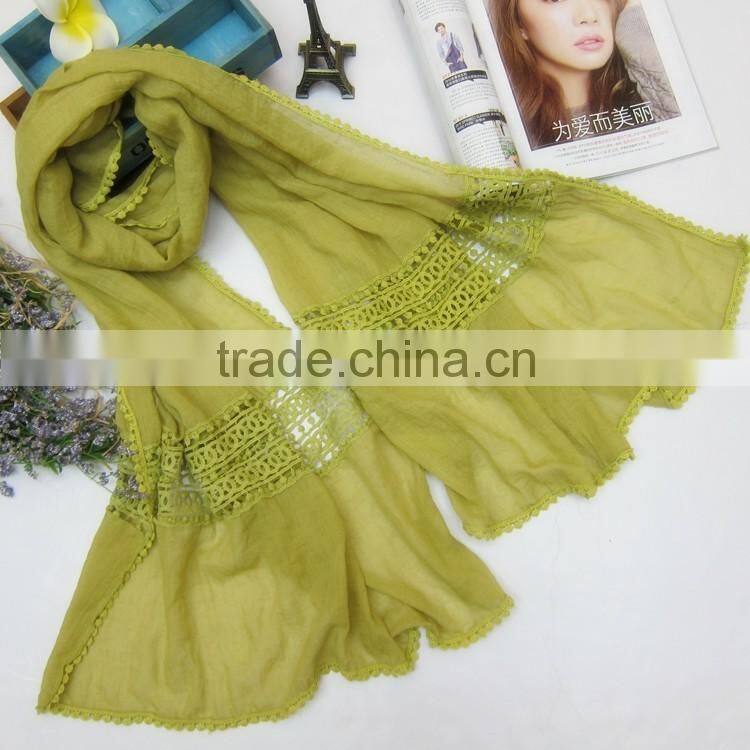 Newest Large Long Plain Embroidery Lace Brim Cotton Linen Brand Scarf