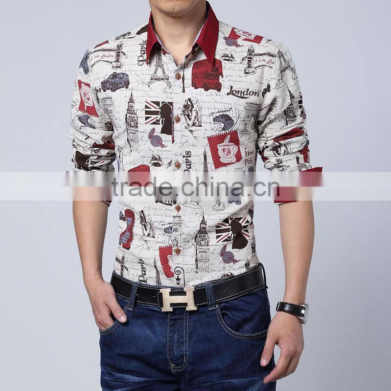 European Style Coffee Button English Words Printed Men Long Shirt