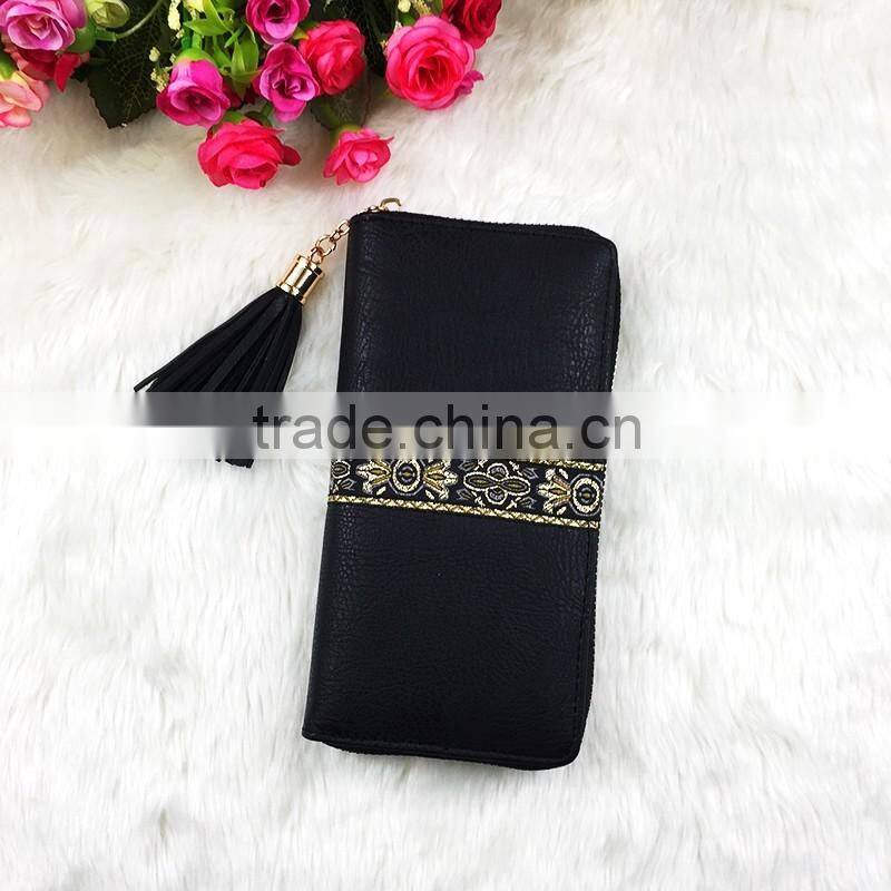 High Quality New Fashion Long Black Women Flower Leather PU Designer Wallet
