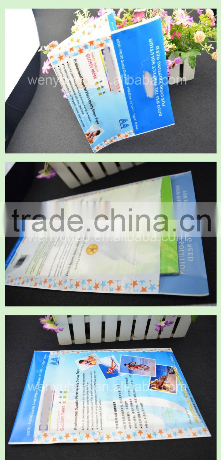 custom lamination self adhesive gravure printing A4 paper packing plastic bag for photo quality glossy paper