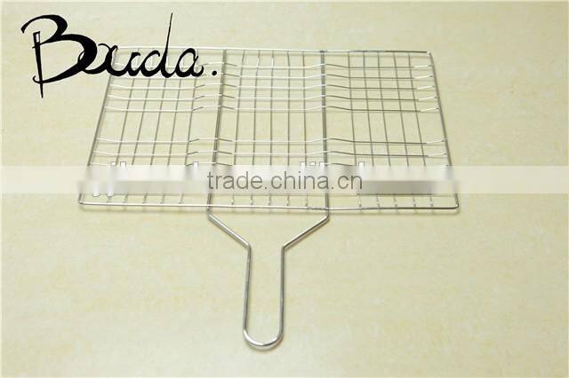 Stainless Steel Double Barebecue bbq Grill Net with wooden handle BD-B8100