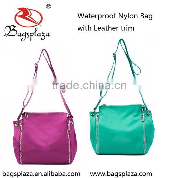 Online shopping nylon bags waterproof shoulder bag with leather trim recycled nylon bags