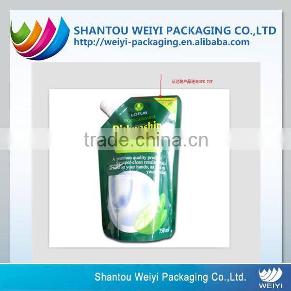 Laminated barrier security spout pout liquid packaging plastic bag for dishwash liquid