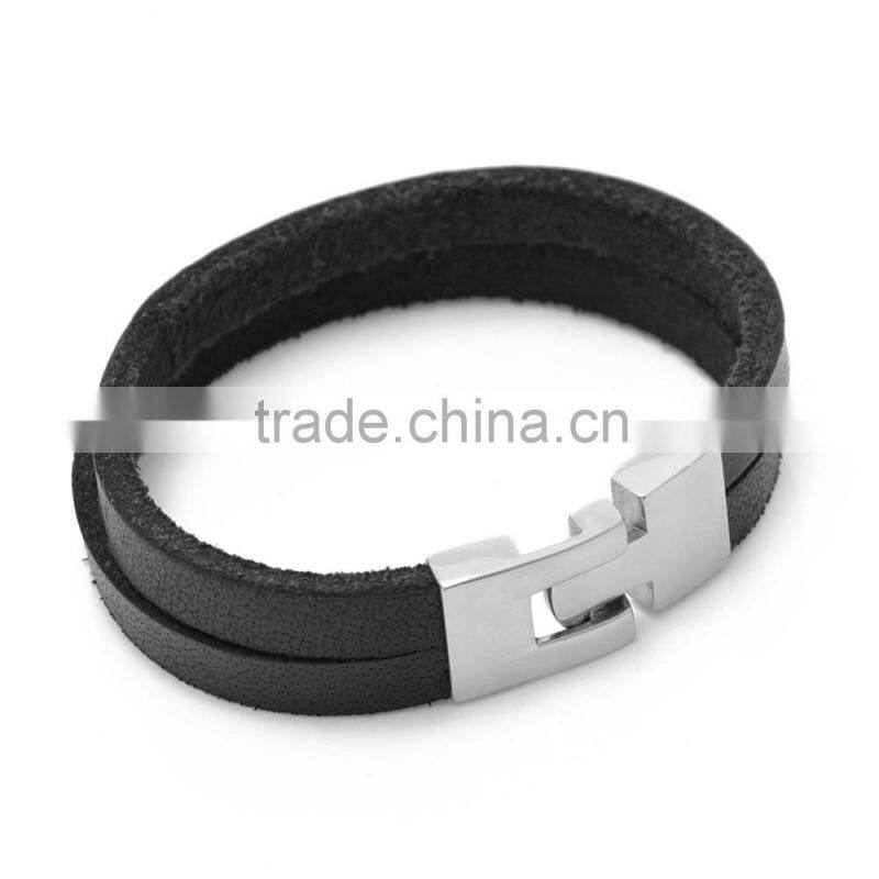 Black Double Layer Leather Bangles Fashion Brief Style Clasp Leather Bracelace