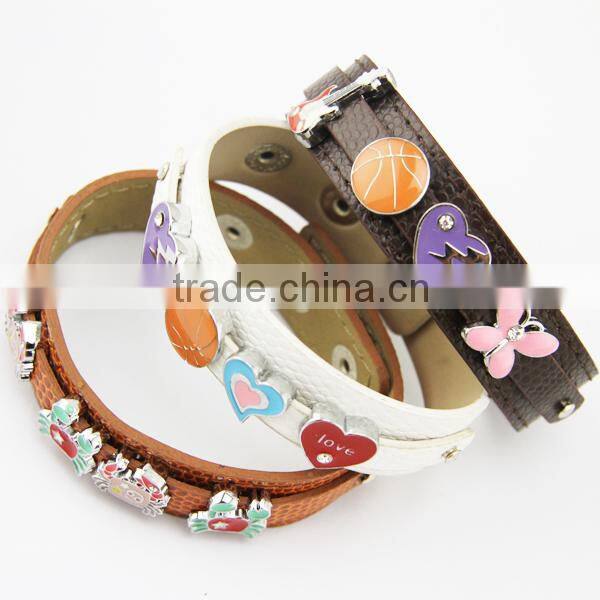Wholesale purple, orange glitter leather bracelet, assorted slide charms diy leather bracelet