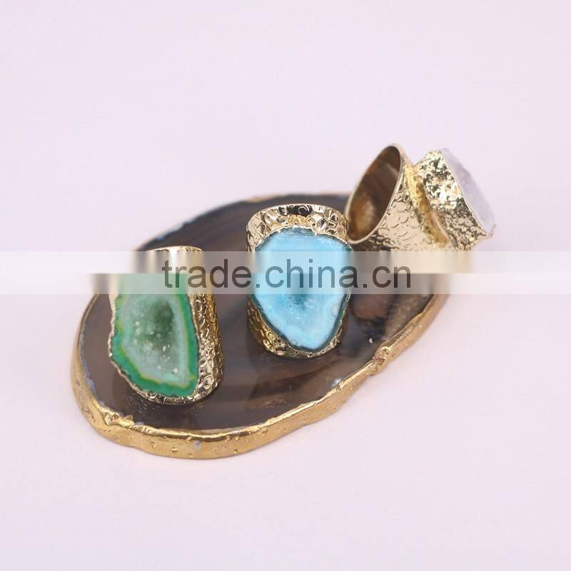Mixed Colors Agate Geode Ring Golden Electroformed Freeform Drusy Druzy Gem stone Jewelry Rings
