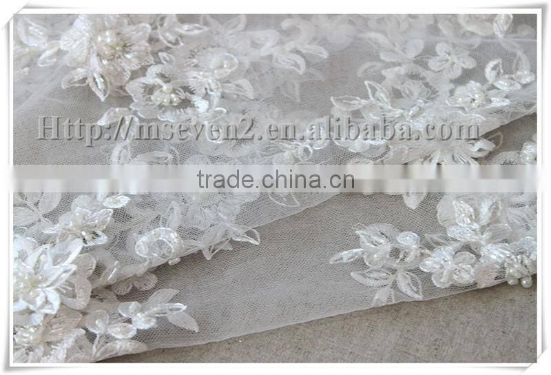 Pure white 3d flower lace bride pearls flower embroidery lace fabric