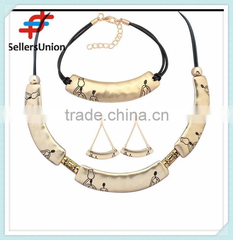 No.1 yiwu exporting commission agent wanted pu black long chain necklace/earrings/bracelet jewelery set