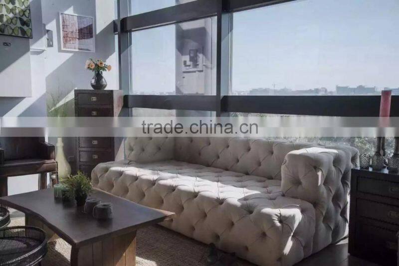 Retro Button Tufted White Genuine Leather Sofa/ U-Shaped Classic Chesterfield Couch Sofa/ American Hot-Sale Living Room Sofa