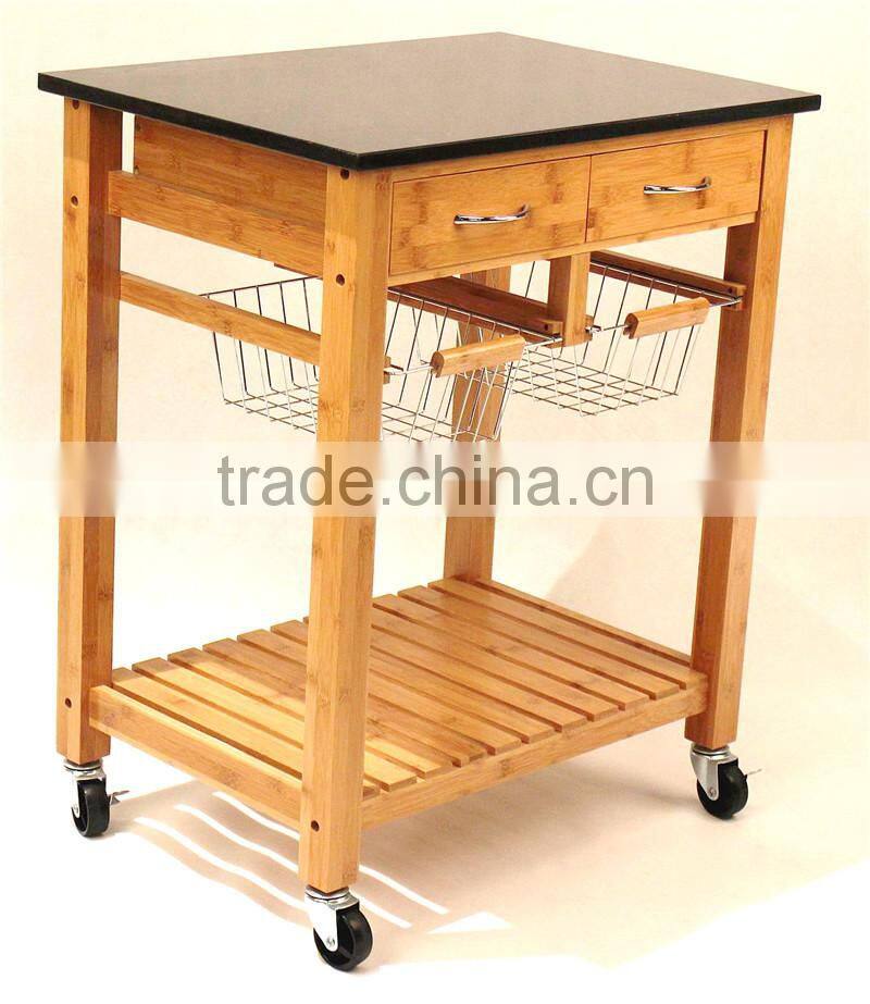 Hot sale bamboo kitchen trolley design with basket and wheels