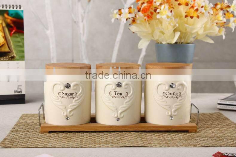 ceramic porcelain canister set,ceramic tea sugar coffee jar, ceramic canister,airtight canister with bamboo lid