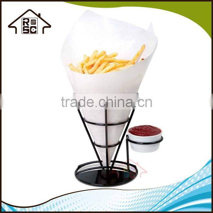 NBRSC Black Metal French Fry Stand with Condiment Bowl Holder